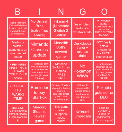 6/9/2026 Nintendo Direct Bingo Card
