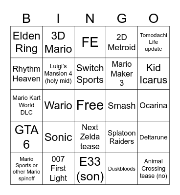 Nintendo Direct 6.9.26 Bingo Card