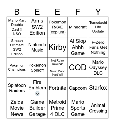 Nintendo Direct Bingo Card