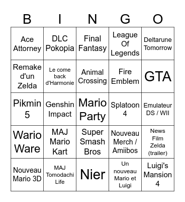 Nintendo direct Bingo Card