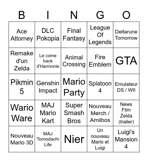 Nintendo direct Bingo Card
