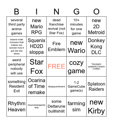 nintendo direct Bingo Card