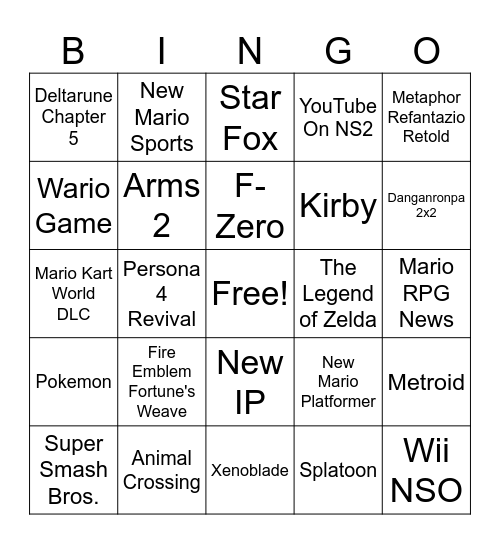 Nintendo Direct 6/9/2026 Bingo Card
