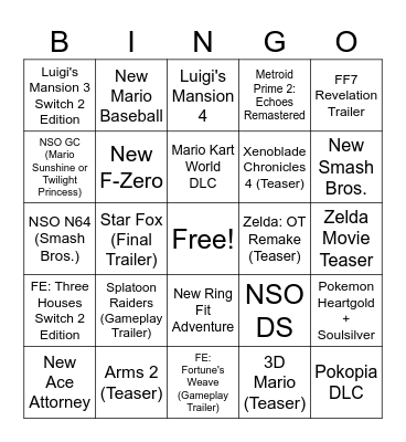 6/9 Nintendo Direct Bingo Card