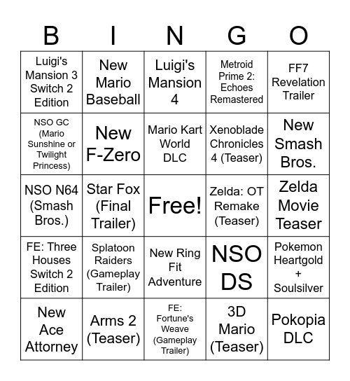 6/9 Nintendo Direct Bingo Card