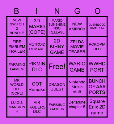 Nintendo Direct Bingo Card