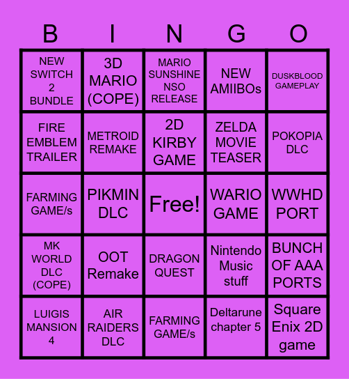 Nintendo Direct Bingo Card