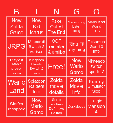 Nintendo Direct 6.9.2026 Bingo Card