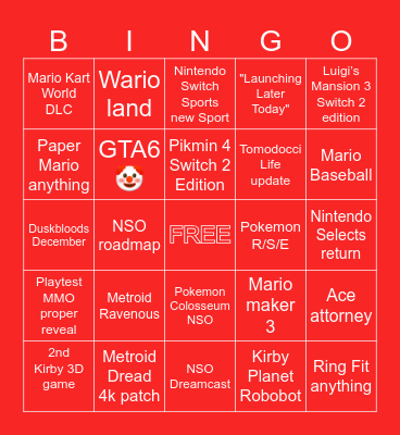 Nintendo Direct 9.9.2026 Bingo Card