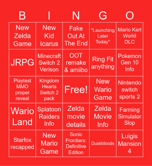 Nintendo Direct 6.9.2026 Bingo Card
