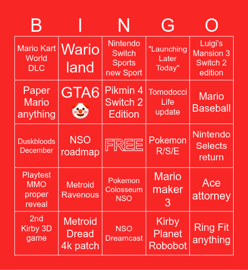 Nintendo Direct 9.9.2026 Bingo Card