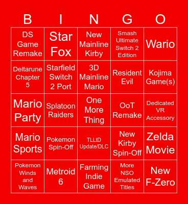 Nintendo Direct June 2026 Bingo Card