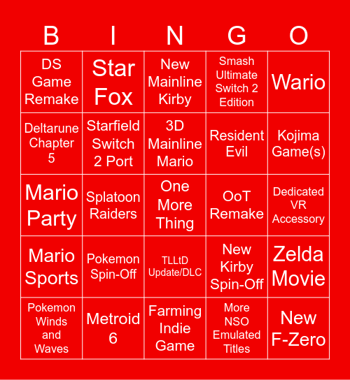 Nintendo Direct June 2026 Bingo Card