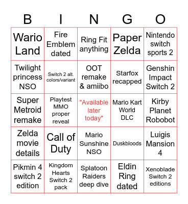 Nintendo Direct 6.9.2026 Bingo Card