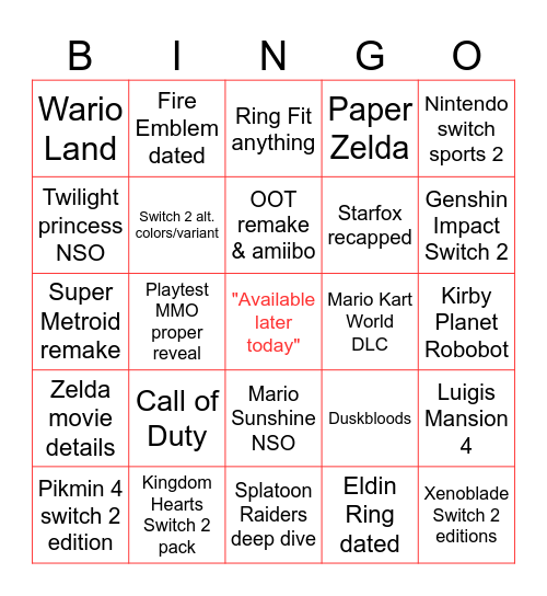Nintendo Direct 6.9.2026 Bingo Card