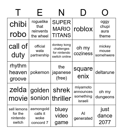 nintendo direct bingo Card