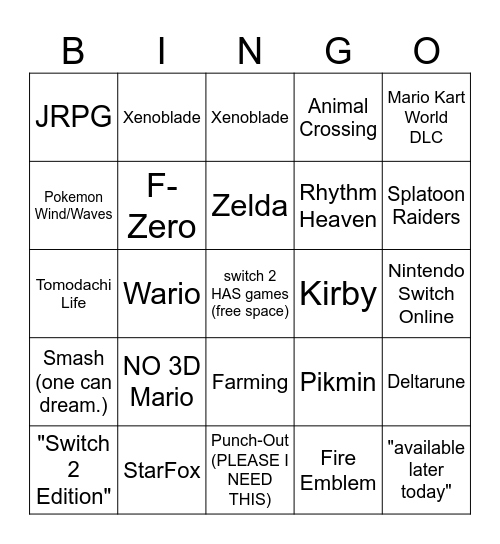 Nintendo 6.9 Direct!!! Bingo Card