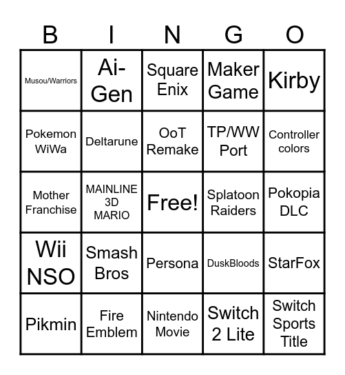 6/9 Nintendo Direct Bingo Card