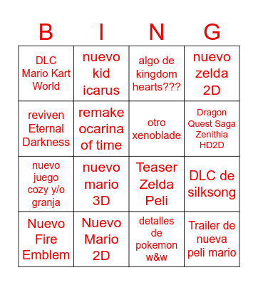 NOT E3 Nintendo Direct Bingo Card