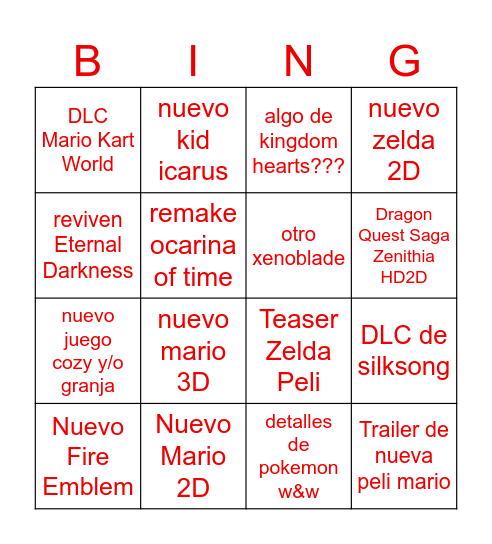 NOT E3 Nintendo Direct Bingo Card