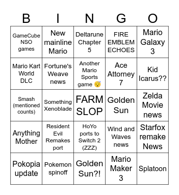 NINTENDO DIRECT BINGO Card