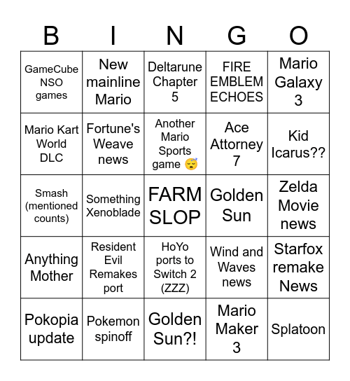 NINTENDO DIRECT BINGO Card
