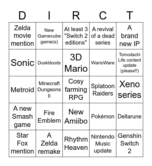 Direct predictions! Bingo Card