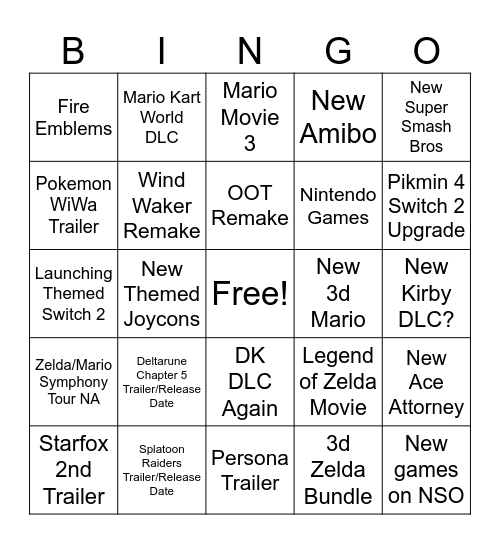 Nintendo Direct Bingo Card