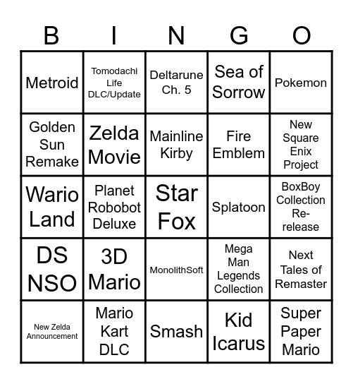 June 2026 Nintendo Direct Bingo Card