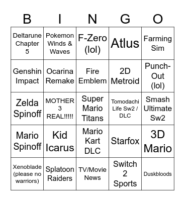 Nintendo Direct Slop Slop June 2026 Bingo Card