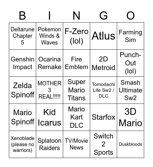Nintendo Direct Slop Slop June 2026 Bingo Card