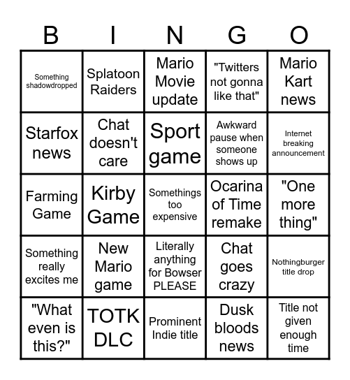 Nintendo Direct Bingo Card