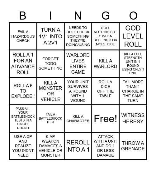 WARHAMMER SECONDARIES Bingo Card
