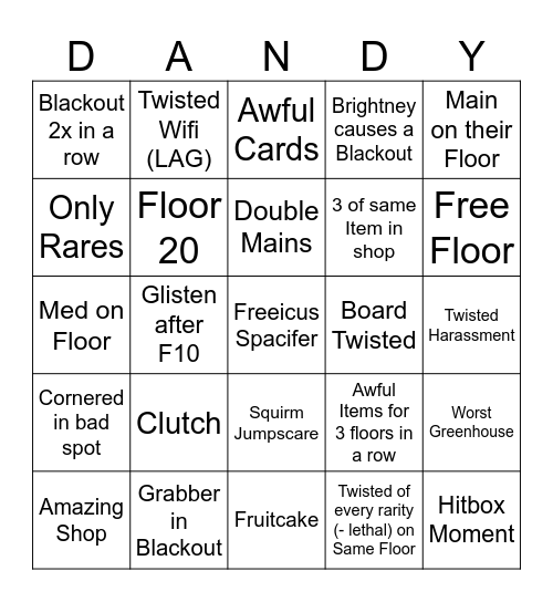 Dandy's World Solo Run Bingo Card