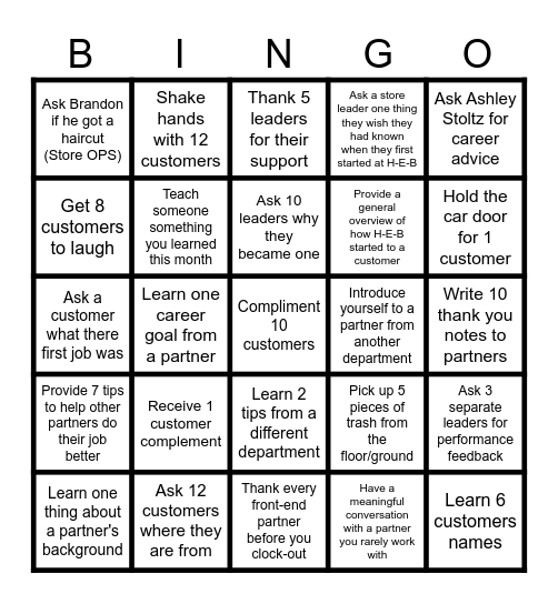 H-E-B Partner Bingo Card