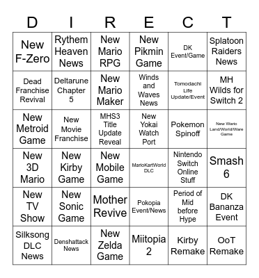Nintendo Direct Bingo Card