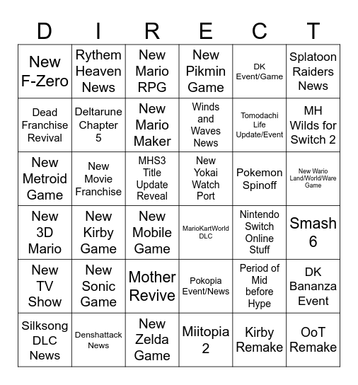 Nintendo Direct Bingo Card