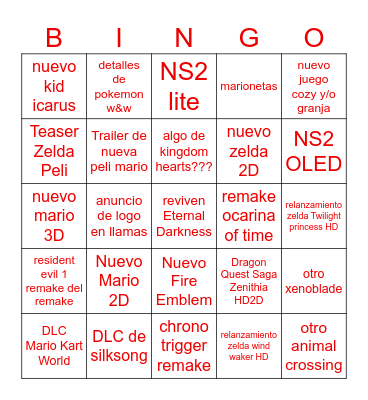 NOT E3 Nintendo Direct Bingo Card