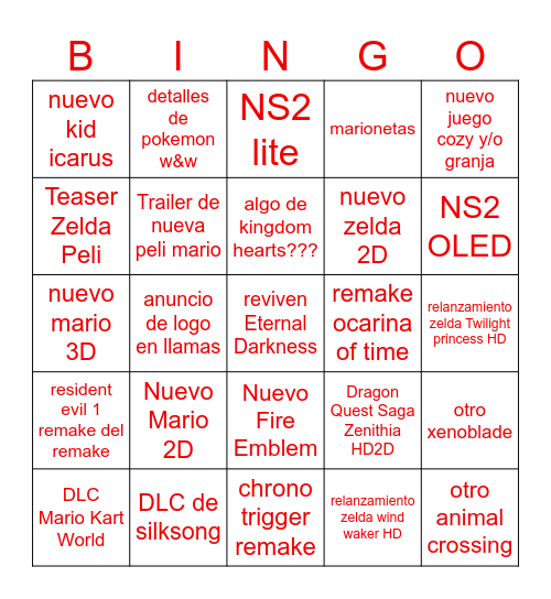 NOT E3 Nintendo Direct Bingo Card