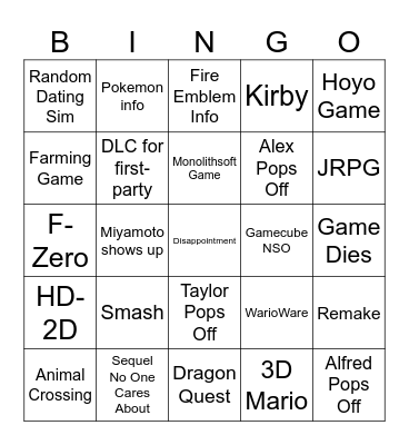 nintendo direct bingo Card