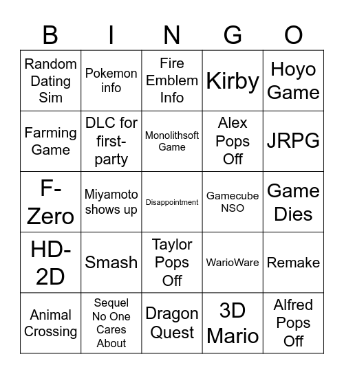 nintendo direct bingo Card