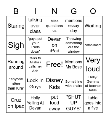 English Bingo Card