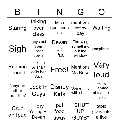 English Bingo Card