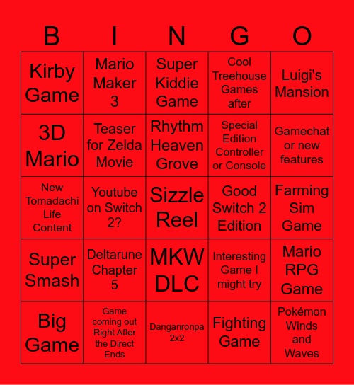 Nintendo Direct 2026 Bingo Card