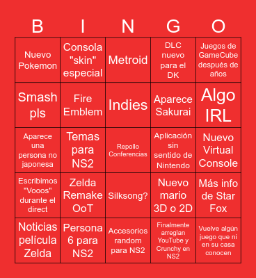 Nintendo DIrect Bingo Card
