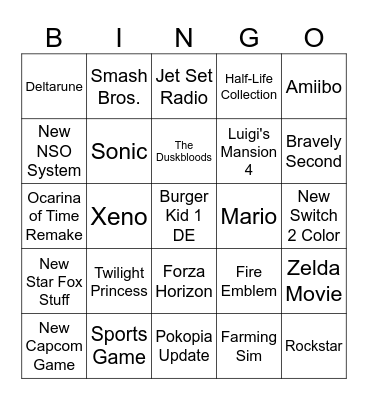 Nintendo Direct Predictions Bingo Card