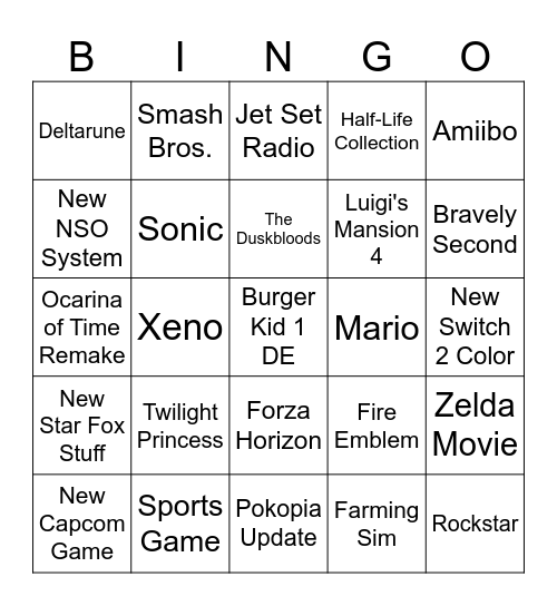 Nintendo Direct Predictions Bingo Card