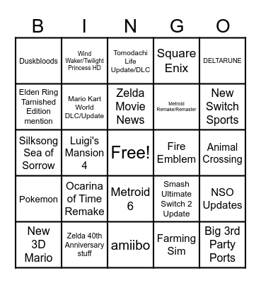 Nintendo Direct 6.9.26 Bingo Card