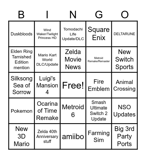 Nintendo Direct 6.9.26 Bingo Card