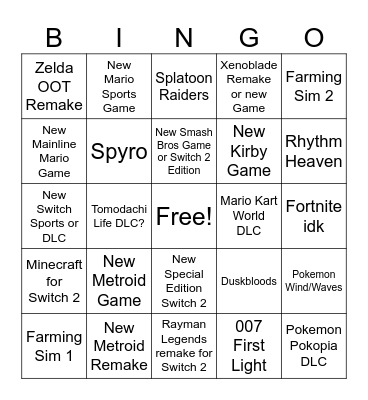 Nintendo Direct 6/9/26 Bingo Card